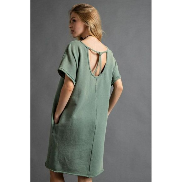 Easel Oversized Mineral Washed Terry Boxy Dress in Juniper Green New - Picture 5 of 5
